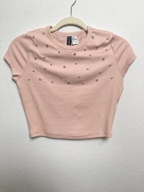 H&M Divided Pink Rhinestone Ribbed Baby Tee Crop Top Women’s S Y2K